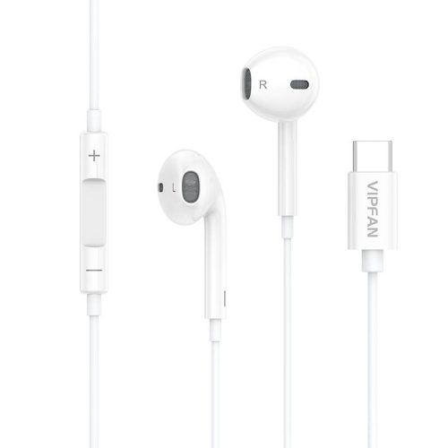 Vezetékes sztereó fülhallgató, USB Type-C, mikrofon, funkció gomb, hangerő szabályzó, Vipfan M14, fehér
