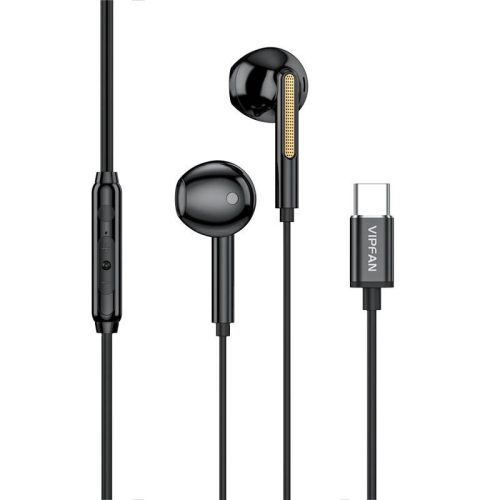 Vezetékes sztereó fülhallgató, USB Type-C, mikrofon, felvevő gomb, hangerő szabályzó, Vipfan M11, fekete