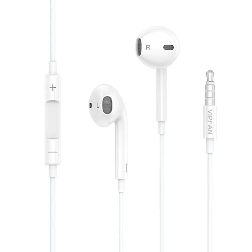 Vezetékes sztereó fülhallgató, 3.5 mm, mikrofon, funkció gomb, hangerő szabályzó, Vipfan M04, fehér