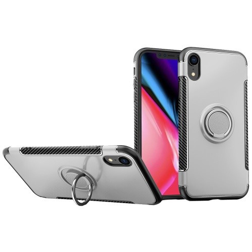 Apple iPhone 7 / 8 / SE (2020) / SE (2022), Műanyag hátlap védőtok, szilikon keret, telefontartó gyűrű, karbon minta, ezüst