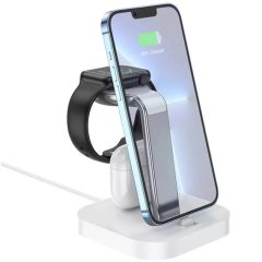   Univerzális töltő állomás 3in1, 1 x Qi Wireless, 2 x Lightning, 10.5W, asztali tartó, Hoco CW43, fehér