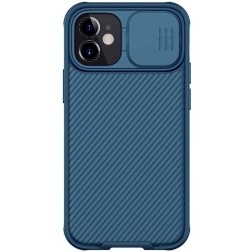 Apple iPhone 12 Mini, Műanyag hátlap + szilikon keret, közepesen ütésálló, kamera védelem, csíkos minta, Nillkin CamShield Pro, kék