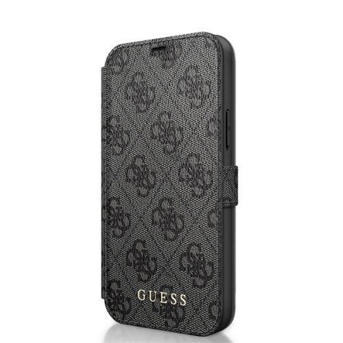 Apple iPhone 12 Pro Max, Oldalra nyíló tok, kártyatartóval, Guess minta, Guess 4G, sötétszürke