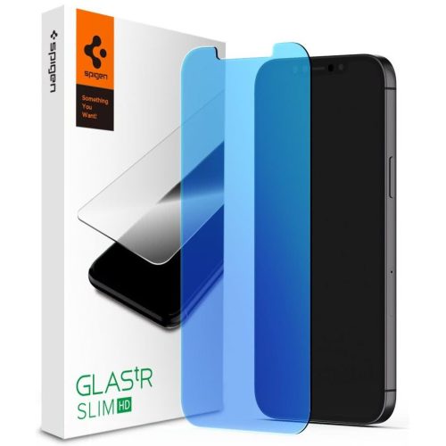 Apple iPhone 12 / 12 Pro, Kijelzővédő fólia, ütésálló fólia (az íves részre is!), Tempered Glass (edzett üveg), Spigen Glastr Slim HD Anti Blue, Clear