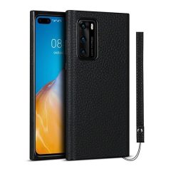   Huawei P40, Szilikon tok, valódi bőrrel bevont hátlap, fekete