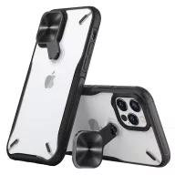   Apple iPhone 12 Pro Max, Műanyag hátlap + szilikon keret, közepesen ütésálló, kitámasztóval, kamera védelem, Nillkin Cyclops, áttetsző/fekete