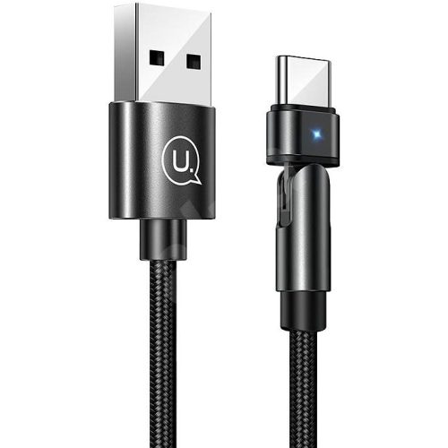 USB töltő- és adatkábel, USB Type-C, 100 cm, 2000 mA, 180 fokban forgatható fej, LED-es, cipőfűző minta, Usams U60, fekete, US-SJ477