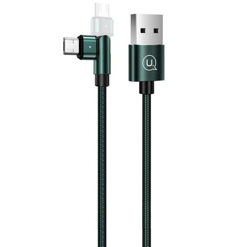 USB töltő- és adatkábel, microUSB, 100 cm, 2000 mA, 180 fokban forgatható fej, LED-es, cipőfűző minta, Usams U60, sötétzöld, US-SJ478