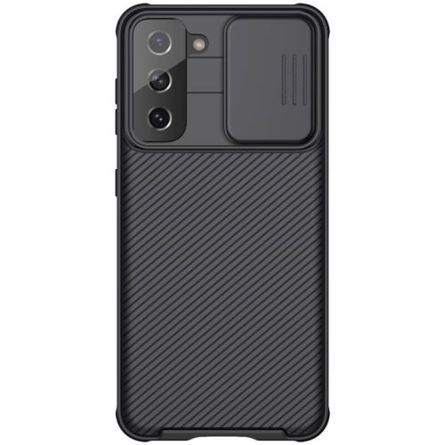 Samsung Galaxy S21 5G SM-G991, Műanyag hátlap + szilikon keret, közepesen ütésálló, kamera védelem, csíkos minta, Nillkin CamShield Pro, fekete