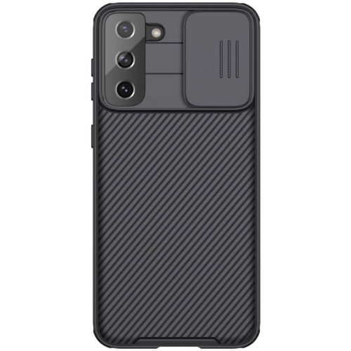 Samsung Galaxy S21 Plus 5G SM-G996, Műanyag hátlap + szilikon keret, közepesen ütésálló, kamera védelem, csíkos minta, Nillkin CamShield Pro, fekete