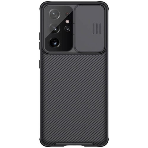 Samsung Galaxy S21 Ultra 5G SM-G998, Műanyag hátlap + szilikon keret, közepesen ütésálló, kamera védelem, csíkos minta, Nillkin CamShield Pro, fekete
