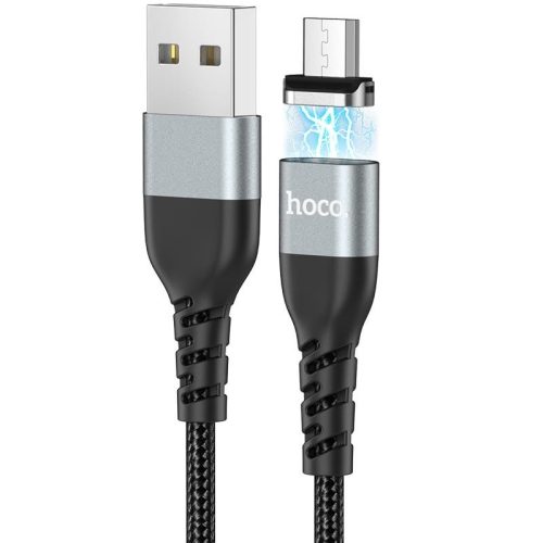 USB töltő- és adatkábel, microUSB, 120 cm, 2400 mA, mágneses, törésgátlóval, cipőfűző minta, Hoco U96 Traveller, fekete