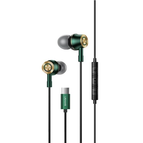 Vezetékes sztereó fülhallgató, USB Type-C, mikrofon, felvevő gomb, hangerő szabályzó, Usams Metal Earphone EP-43, zöld
