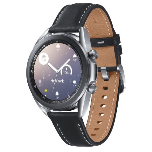 Bluetooth okosóra, valódi bőr szíj, v5.0, eSim, aktivitás és egészség mérő, vízálló, hangszóró, Samsung Galaxy Watch 3 (41mm) SM-R855 (LTE), ezüst, gyári