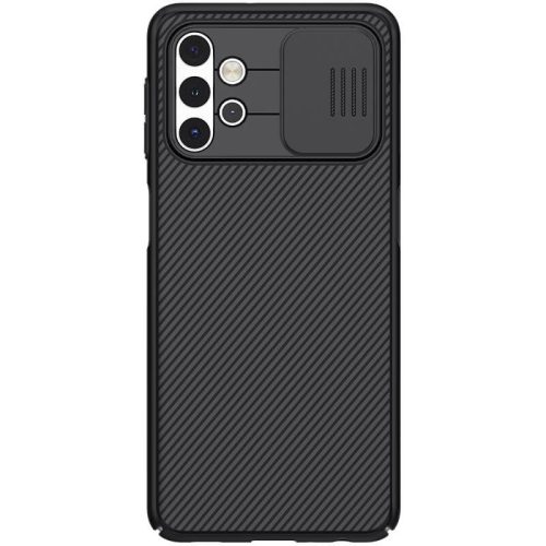 Samsung Galaxy A32 5G SM-A326B, Műanyag hátlap védőtok, közepesen ütésálló, kamera védelem, csíkos minta, Nillkin CamShield, fekete