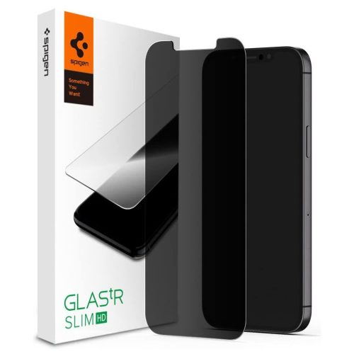 Apple iPhone 12 / 12 Pro, Kijelzővédő fólia, ütésálló fólia (az íves részre is!), Tempered Glass (edzett üveg), Spigen Glastr Slim HD Privacy, Clear