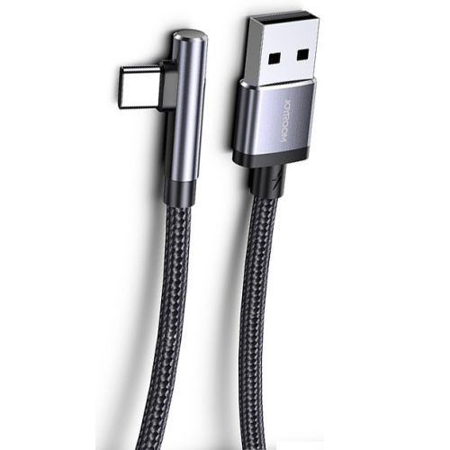 USB töltő- és adatkábel, USB Type-C, 120 cm, 3000 mA, törésgátlóval, 90 fokos/derékszögű, gyorstöltés, cipőfűző minta, Joyroom S-1230N4 fekete/ezüst