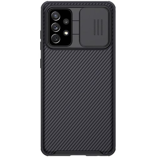 Samsung Galaxy A72 / A72 5G SM-A725F / A726B, Műanyag hátlap + szilikon keret, közepesen ütésálló, kamera védelem, csíkos minta, Nillkin CamShield Pro, fekete