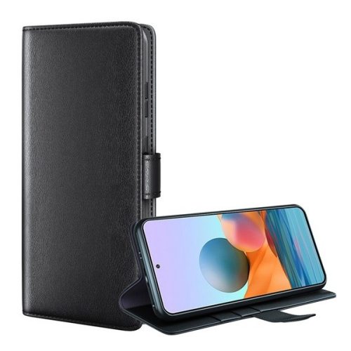 Xiaomi Redmi Note 10 Pro, Oldalra nyíló tok, valódi bőrtok, stand, sima felület, fekete
