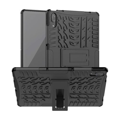 Lenovo Tab P11 Pro (11.5) TB-J706F / J706L, Műanyag hátlap védőtok, Defender, kitámasztóval és szilikon belsővel, autógumi minta, fekete