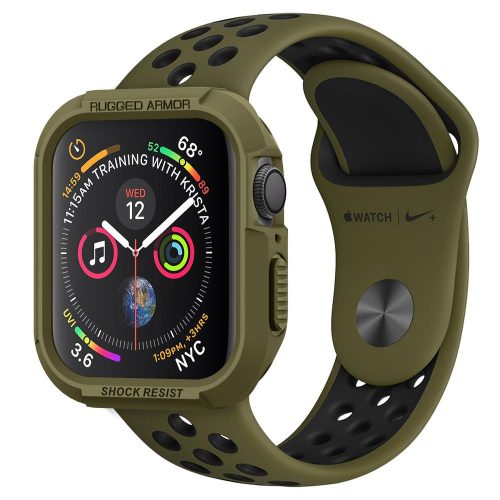 Apple Watch 4-6, SE (44mm), Watch 7 (45mm), Szilikon védőkeret, ütésálló, szíj nélkül, Spigen Rugged Armor, zöld