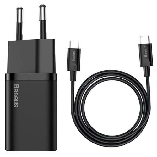 Hálózati töltő adapter, 25W, USB Type-C aljzat, USB Type-C kábellel, gyorstöltés, PD 3.0, QC 3.0, Baseus, fekete