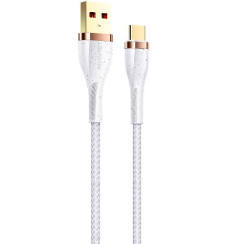 USB töltő- és adatkábel, USB Type-C, 120 cm, 3000 mA, törésgátlóval, gyorstöltés, aranyozott végű, cipőfűző minta, Usams U64, fehér, US-SJ488