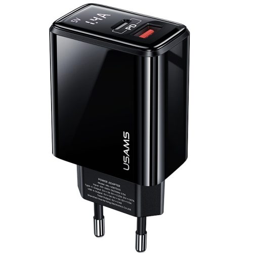 Hálózati töltő adapter, 20W, USB aljzat, USB Type-C aljzat, gyorstöltés, PD, QC 3.0, Digitális töltés kijelzővel, Usams T40, fekete