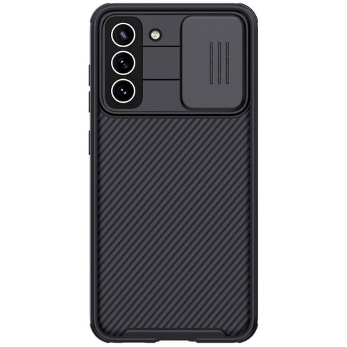 Samsung Galaxy S21 FE 5G SM-G990, Műanyag hátlap + szilikon keret, közepesen ütésálló, kamera védelem, csíkos minta, Nillkin CamShield Pro, fekete