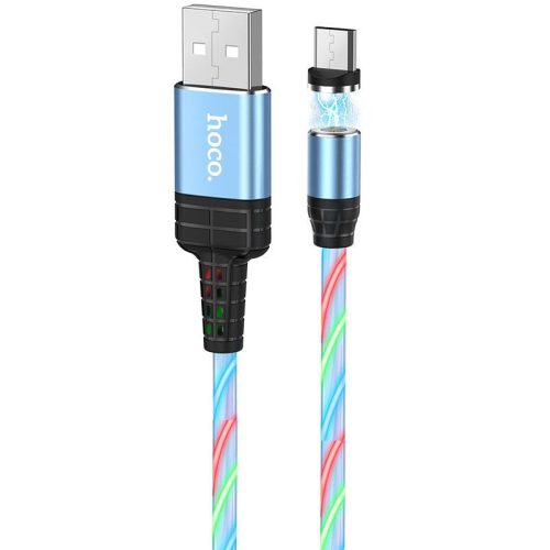 USB töltő- és adatkábel, microUSB, 100 cm, 2000 mA, mágneses, LED streamerrel, gyorstöltés, Hoco U90 Ingenious Streamer, kék