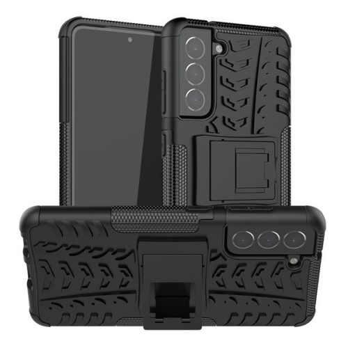 Samsung Galaxy S21 FE 5G SM-G990, Műanyag hátlap védőtok, Defender, kitámasztóval és szilikon belsővel, autógumi minta, fekete