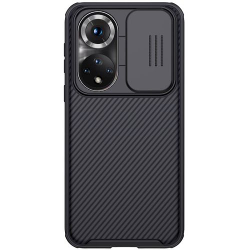 Huawei Honor 50 / Nova 9, Műanyag hátlap + szilikon keret, közepesen ütésálló, kamera védelem, csíkos minta, Nillkin CamShield Pro, fekete