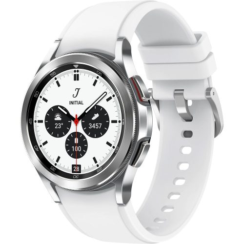 Bluetooth okosóra, szilikon szíj, rozsdamentes acél keret, v5.0, eSim, aktivitás és egészség mérő, vízálló, hangszóró, Samsung Galaxy Watch 4 Classic (42mm) SM-R885 (LTE), ezüst, gyári