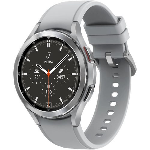 Bluetooth okosóra, szilikon szíj, rozsdamentes acél keret, v5.0, eSim, aktivitás és egészség mérő, vízálló, hangszóró, Samsung Galaxy Watch 4 Classic (46mm) SM-R895 (LTE), ezüst, gyári