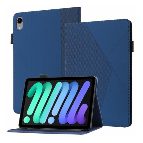 Apple iPad Mini (2021) (8.3), mappa tok, stand, bőrhatású, 3D rombusz minta, sötétkék