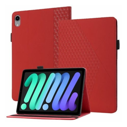 Apple iPad Mini (2021) (8.3), mappa tok, stand, bőrhatású, 3D rombusz minta, piros