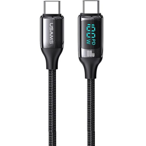 USB Type-C töltő- és adatkábel, USB Type-C, 120 cm, 5000 mA, 100W, LED kijelzővel, gyorstöltés, PD, cipőfűző minta, Usams U78, US-SJ546, fekete