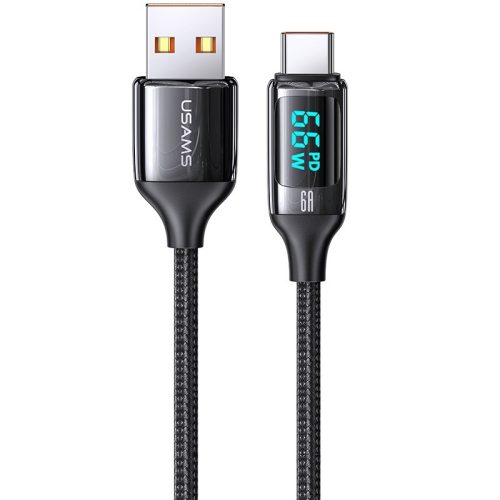 USB töltő- és adatkábel, USB Type-C, 120 cm, 6000 mA, LED kijelzővel, gyorstöltés, PD, cipőfűző minta, Usams U78, US-SJ544, fekete