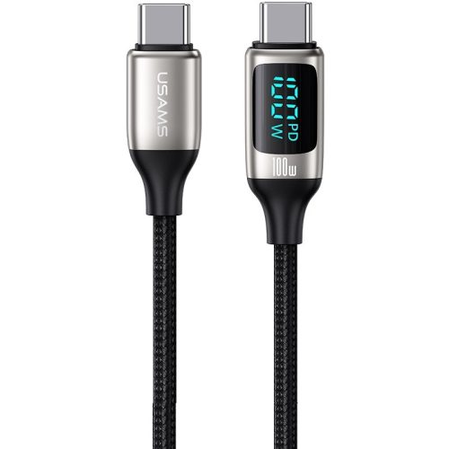 USB Type-C töltő- és adatkábel, USB Type-C, 120 cm, 5000 mA, 100W, LED kijelzővel, gyorstöltés, PD, cipőfűző minta, Usams U78, US-SJ546, fekete/ezüst