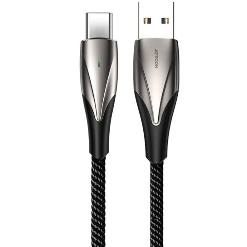 USB töltő- és adatkábel, USB Type-C, 100 cm, 3000 mA, törésgátlóval, LED-es, gyorstöltés, cipőfűző minta, Joyroom G2, S-1030G2, fekete