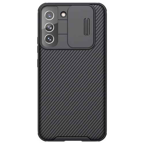 Samsung Galaxy S22 Plus 5G SM-S906, Műanyag hátlap + szilikon keret, közepesen ütésálló, kamera védelem, csíkos minta, Nillkin CamShield Pro, fekete