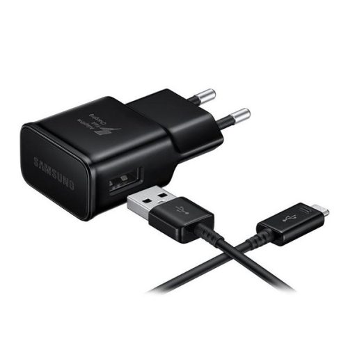 Hálózati töltő adapter, 5V / 2000mA, USB aljzat, microUSB kábellel, gyorstöltés, Samsung, fekete, gyári