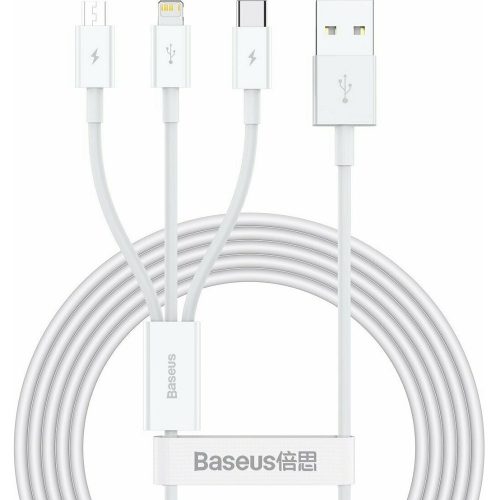 USB töltő- és adatkábel 3in1, USB Type-C, Lightning, microUSB, 150 cm, 3500 mA, törésgátlóval, gyorstöltés, Baseus Superior, CAMLTYS-02, fehér