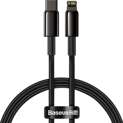 USB Type-C töltő- és adatkábel, Lightning, 100 cm, 20W, törésgátlóval, gyorstöltés, Baseus Tungsten Gold, CATLWJ-01, fekete