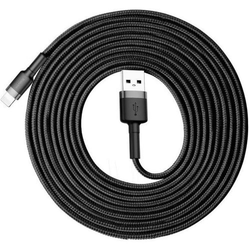 USB töltő- és adatkábel, Lightning, 300 cm, 2000 mA, törésgátlóval, gyorstöltés, cipőfűző minta, Baseus Cafule, CALKLF-RG1, fekete/szürke