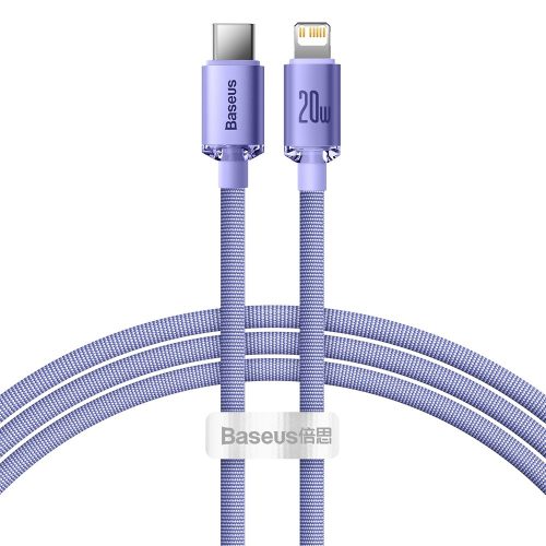 USB Type-C töltő- és adatkábel, Lightning, 120 cm, 20W, gyorstöltés, PD, cipőfűző minta, Baseus Crystal Shine, CAJY000205, lila