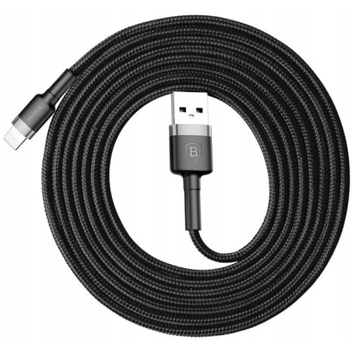 USB töltő- és adatkábel, Lightning, 200 cm, 1500 mA, törésgátló, cipőfűző minta, Baseus Cafule, CALKLF-CG1, fekete/szürke