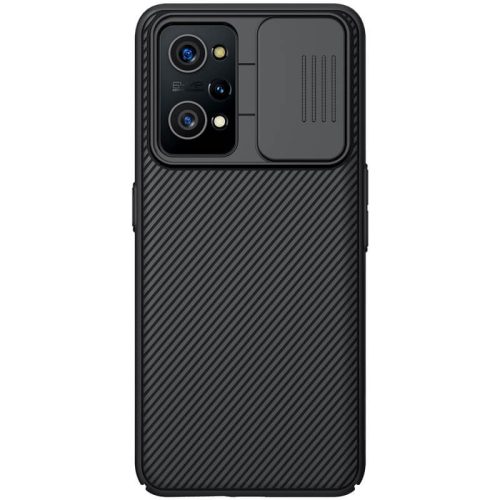 Realme GT Neo2 / GT Neo 3T, Műanyag hátlap védőtok, közepesen ütésálló, kamera védelem, csíkos minta, Nillkin CamShield, fekete