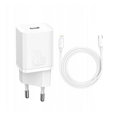   Hálózati töltő adapter, 20W, USB Type-C aljzat, USB Type-C - Lightning kábellel, gyorstöltés, PD, Baseus Si, fehér