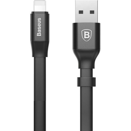 USB töltő- és adatkábel, Lightning, 23 cm, 2000 mA, lapos, Baseus Nimble, CALMBJ-B01, fekete